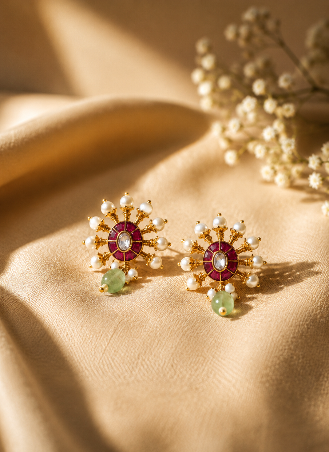 Royal Ruby Pearl & Green Stone Stud Earrings