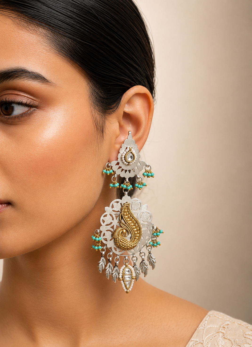 Fusion Dual-toned oxidised peacock dangle earrings