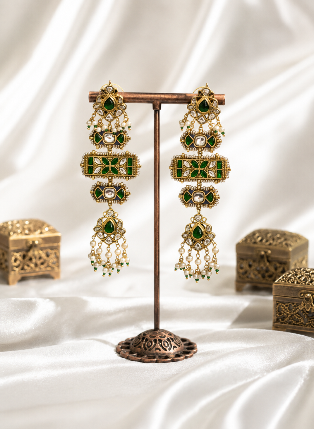 Emerald Jadau Long Earrings