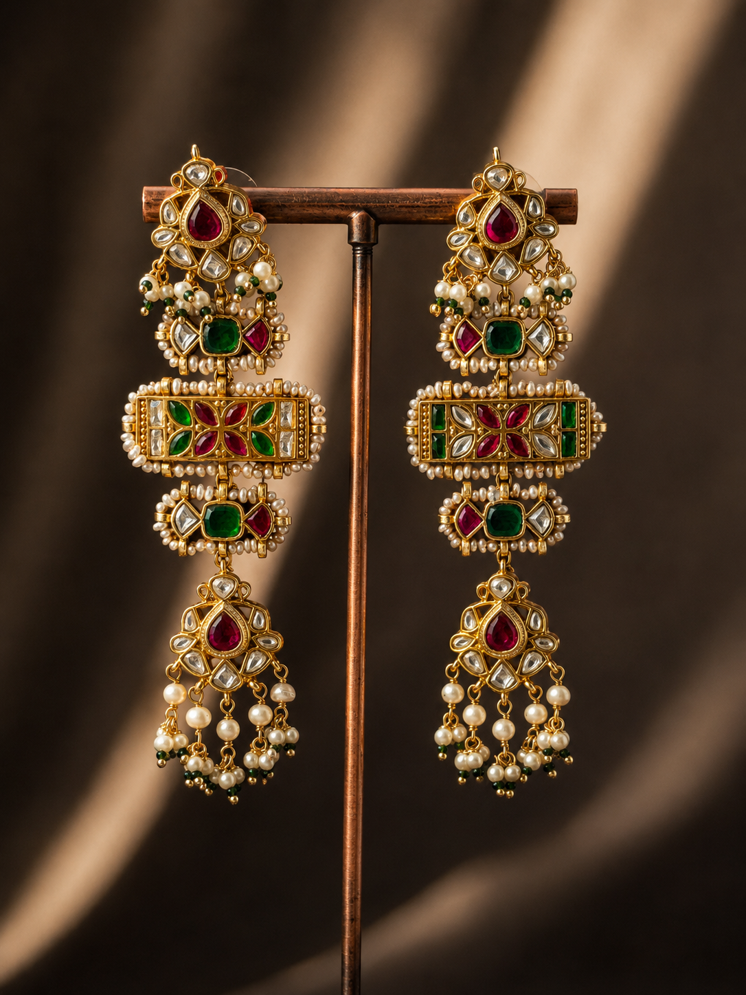 Jadau drop earrings with hanging pearls