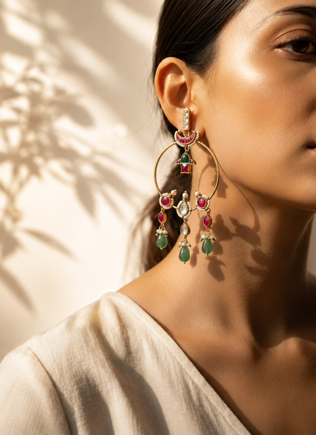 Ruby & Emerald Jadau Hoop Chandelier Earrings