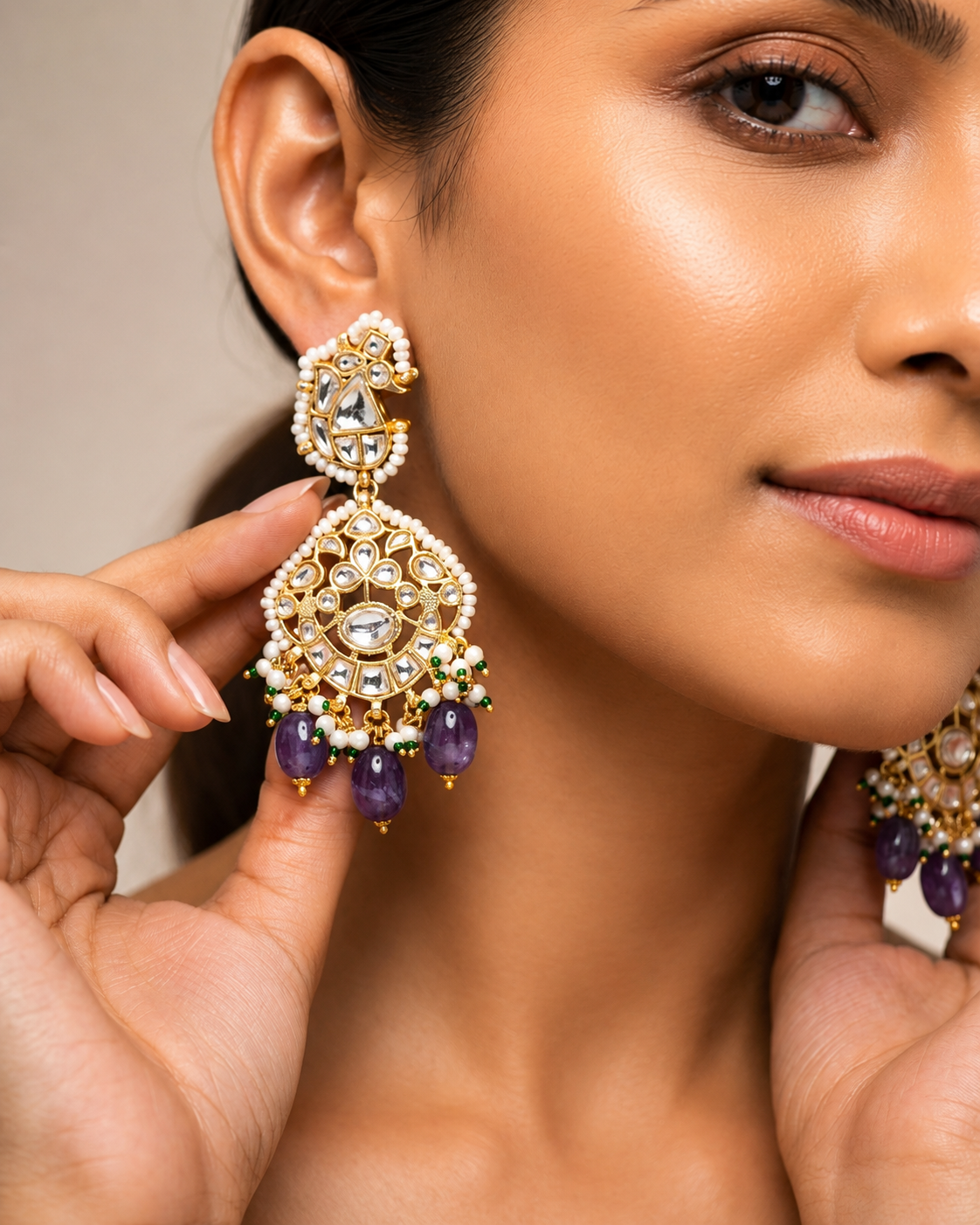 Royal Purple jadau Pearl Chandelier Earrings