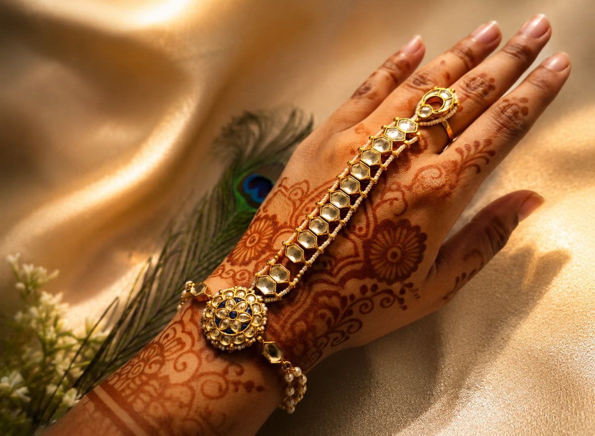 Jadau and pearl haath phool (2 Pcs)