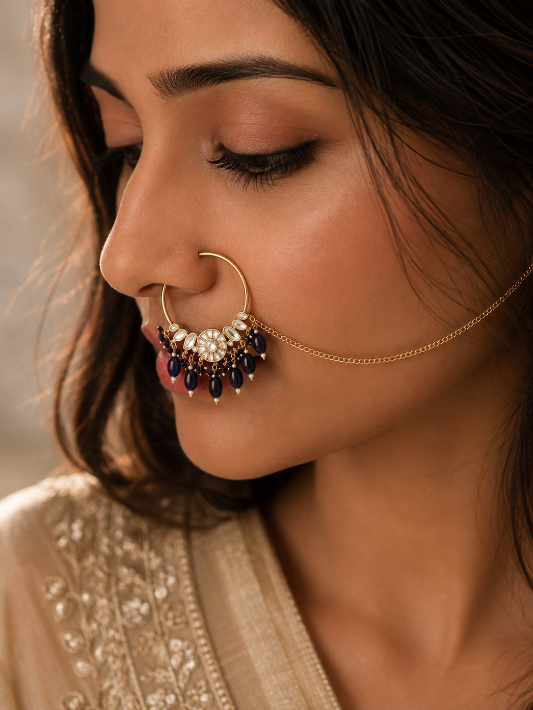 Blue Sapphire bead drop Kundan Nath