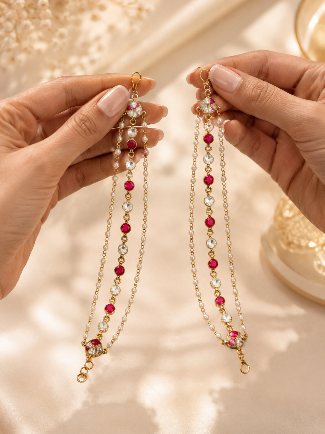 Ruby Pearl Jadau Ear Chain