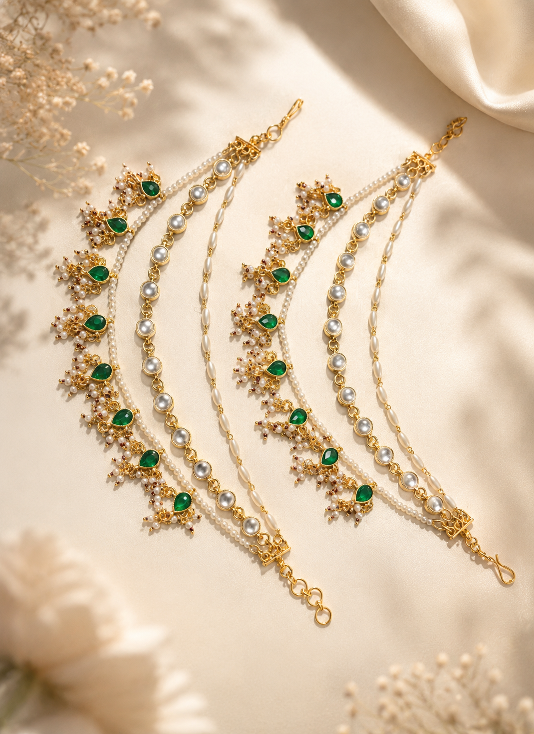 Emerald Pearl Jadau Ear Chain