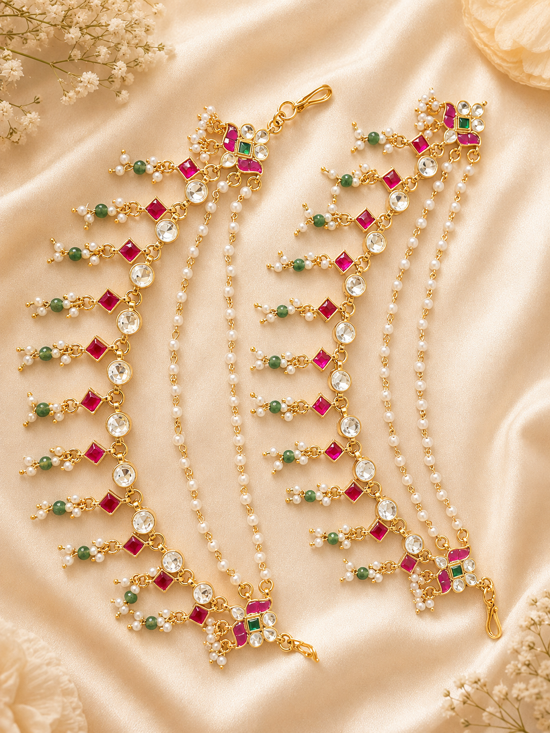 Gulnaar Ruby Jadau Pearl Ear Chain