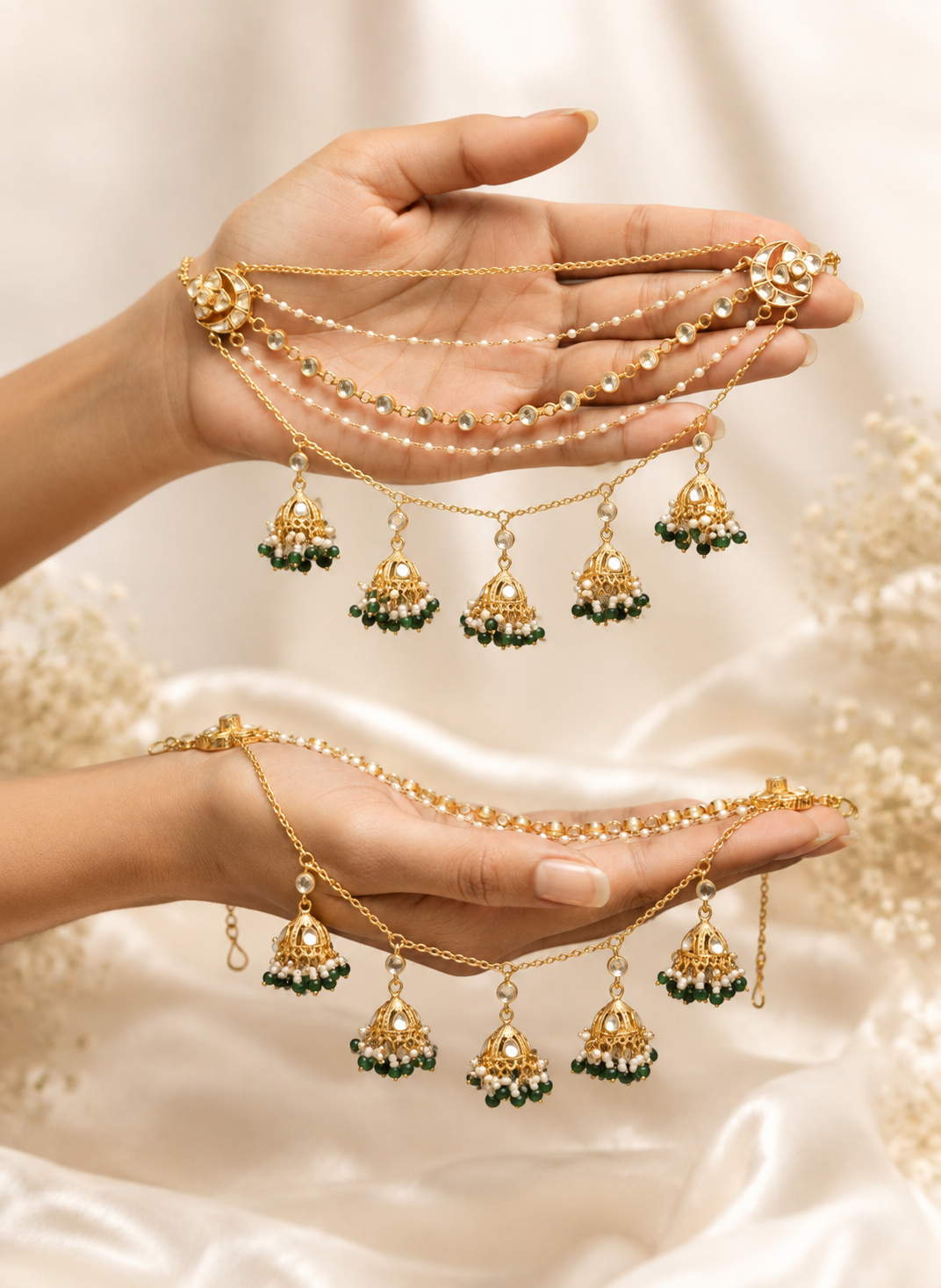 kaan chain with jhumka-style pearl and green bead drops