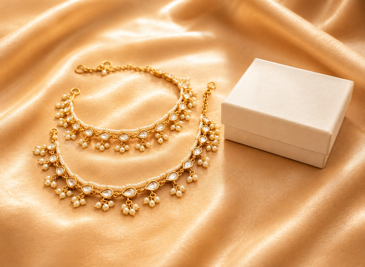 Noor Jadau Payal with Pearl Drops