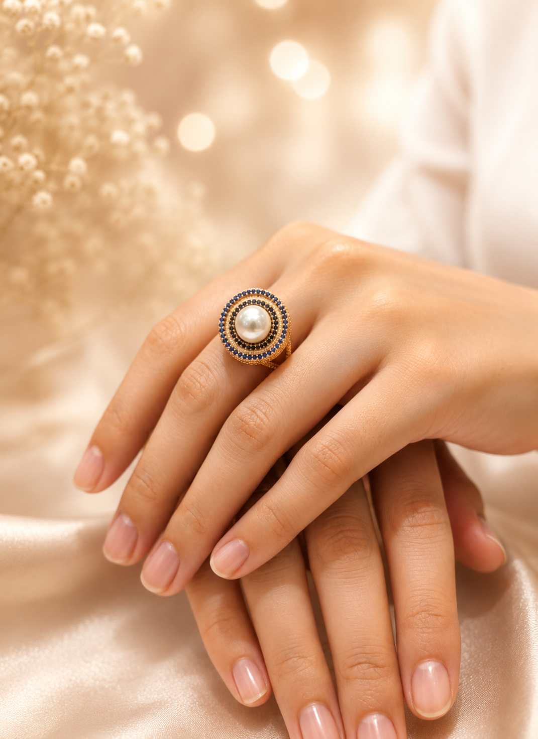 Royal Sapphire Pearl Halo Ring