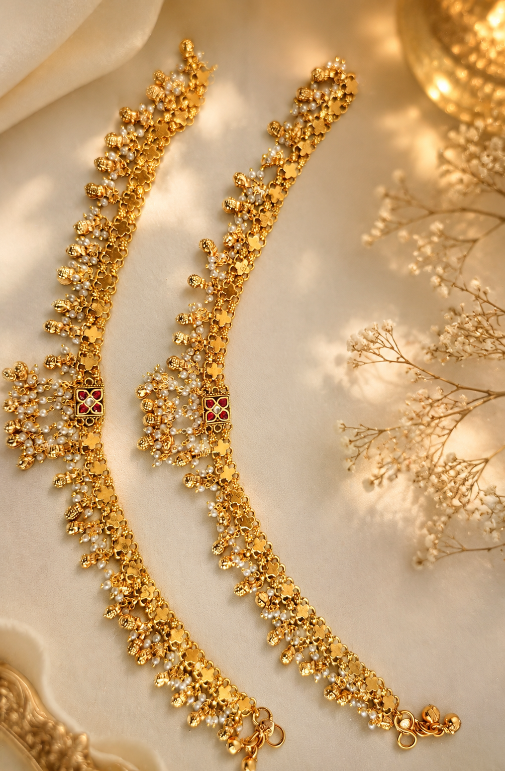 Heritage payal with pearl bead drops