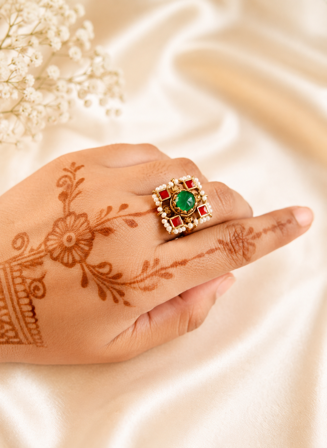 Square floral Jadau ring