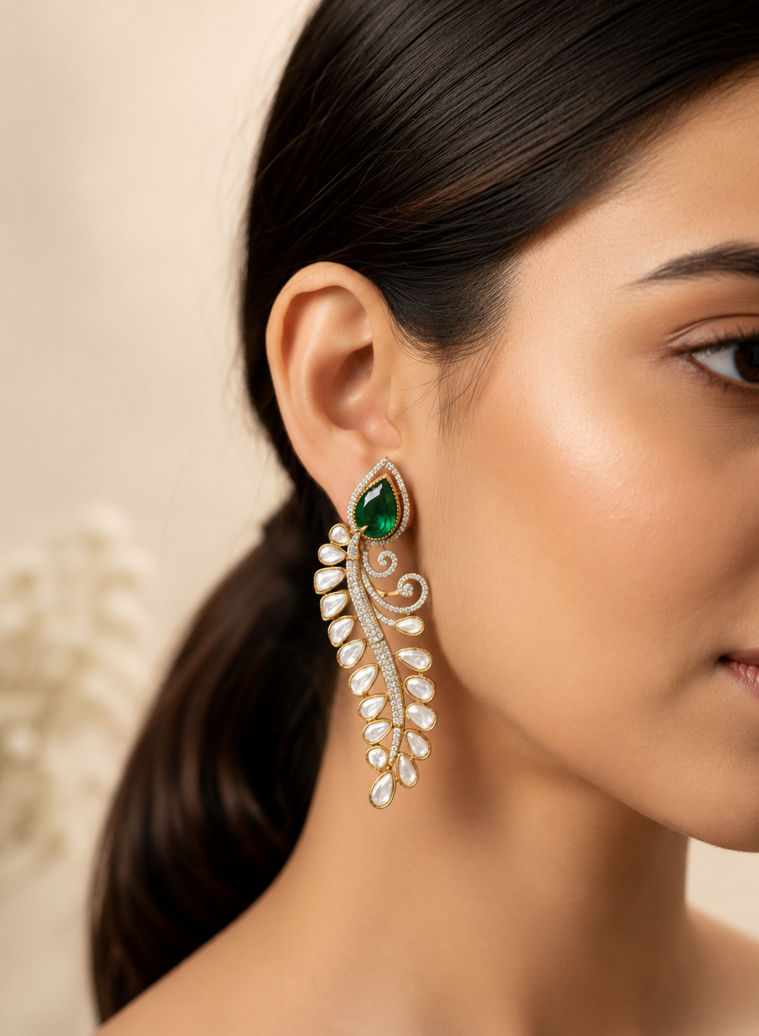 Emerald Vine Kundan Earrings with AD Diamond