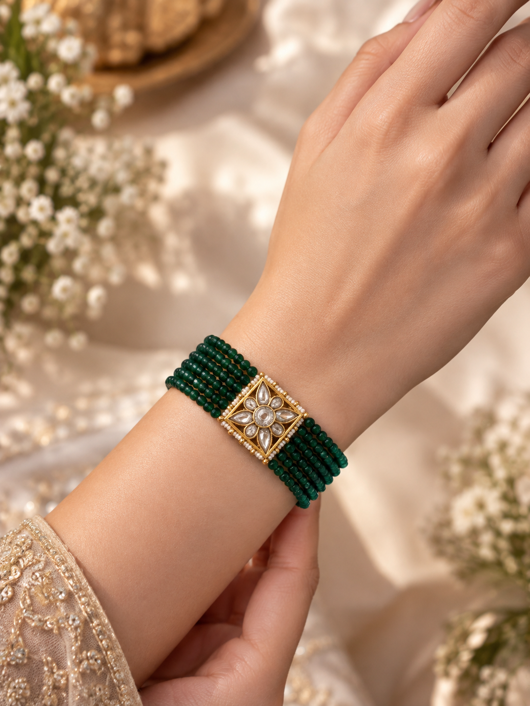 Emerald Flora Jadau Beaded Bracelet
