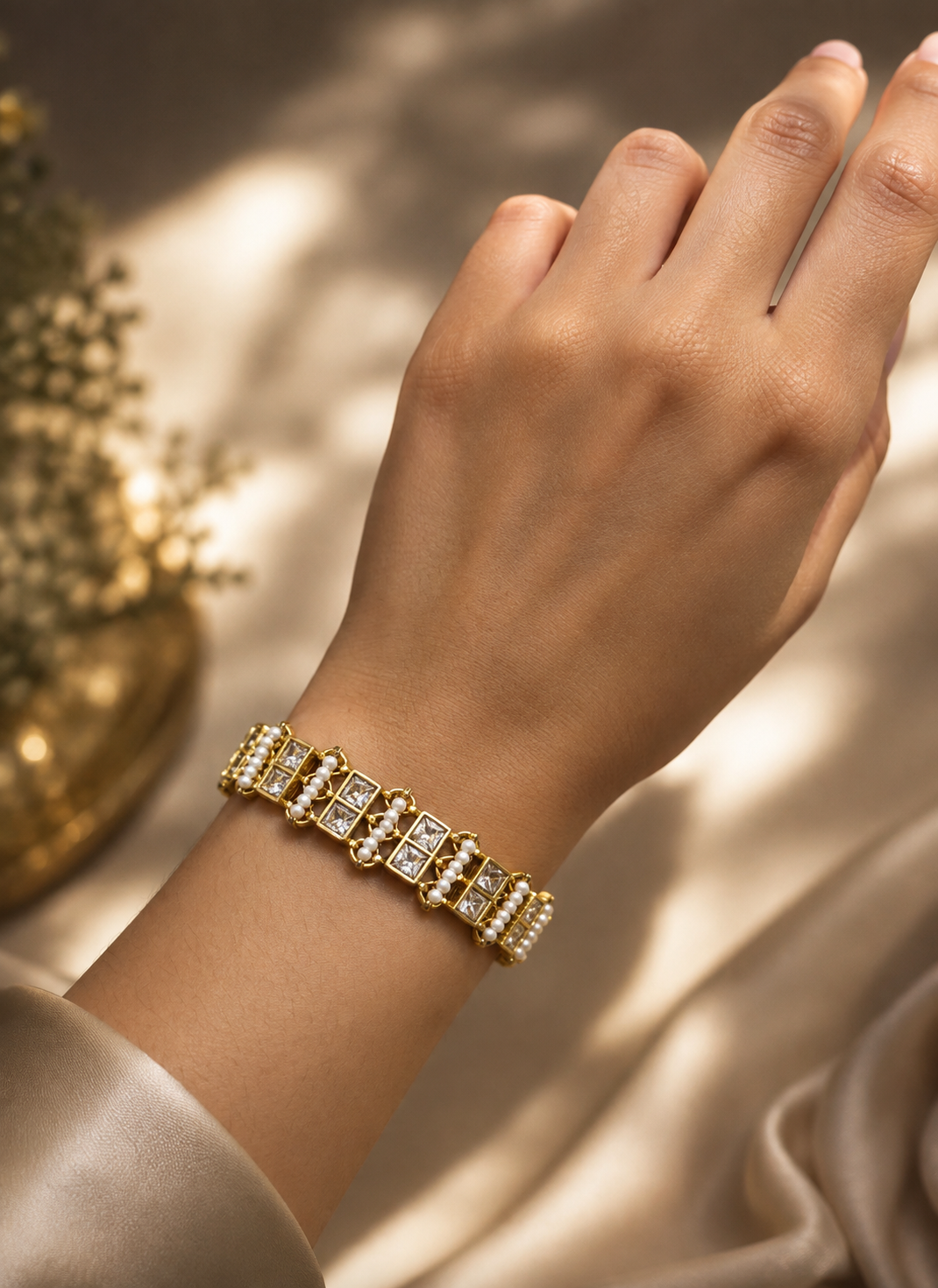Pearl Square CZ Gold-Tone Bracelet