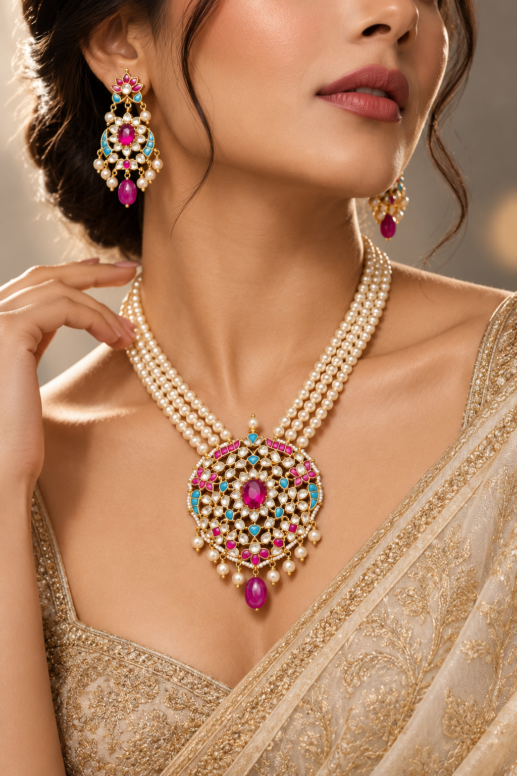 Rani Rosette Pearl Pendant Set