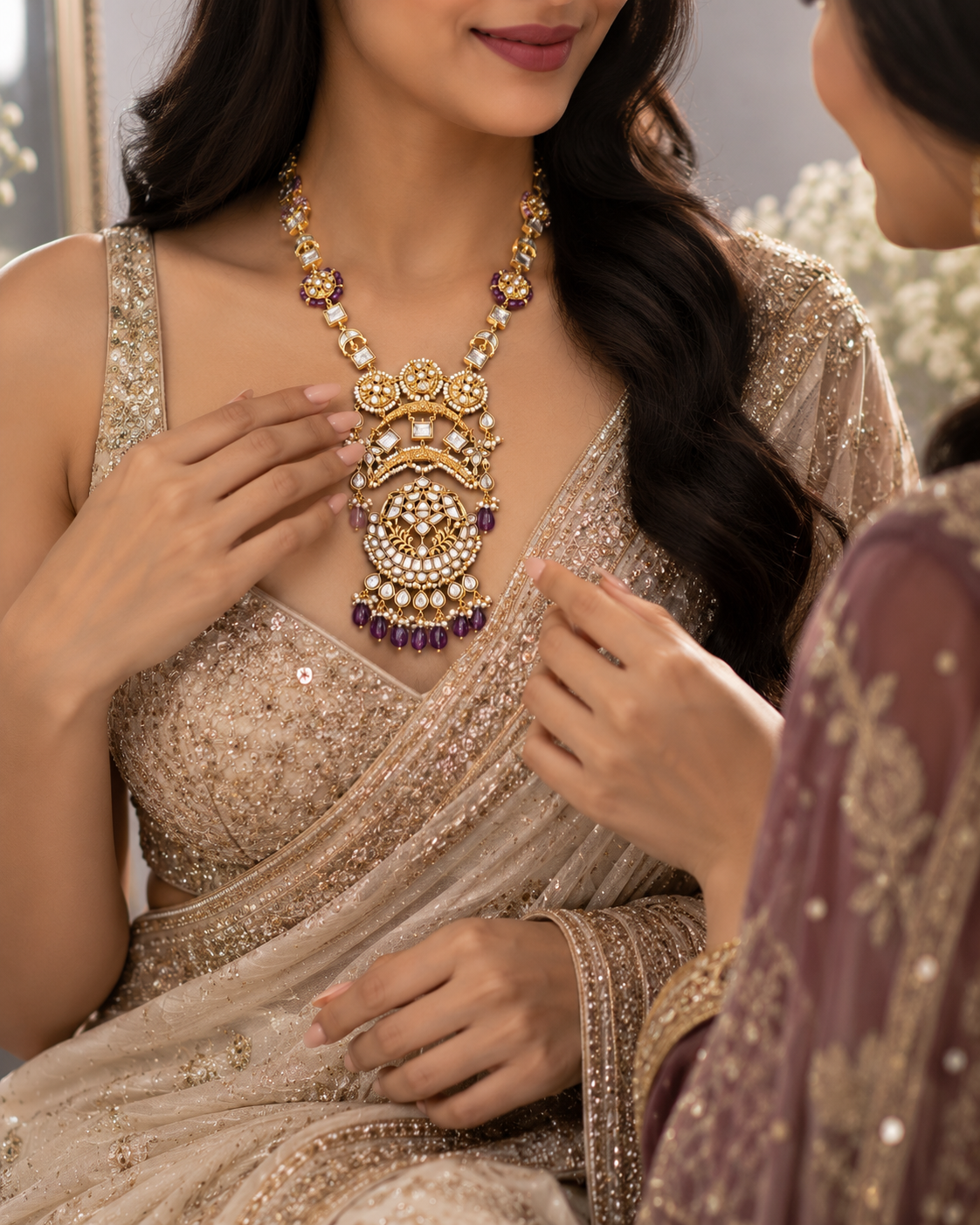 Jadau necklace featuring amethyst and pearls