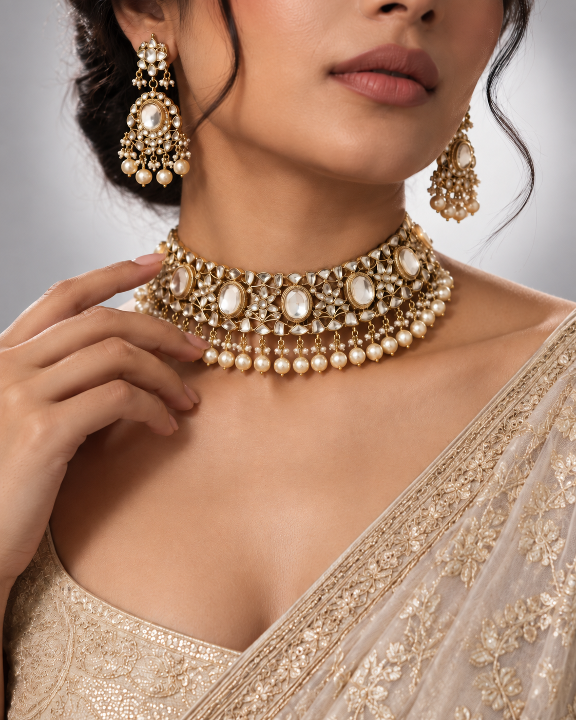 Polki choker necklace set with matching drop earrings