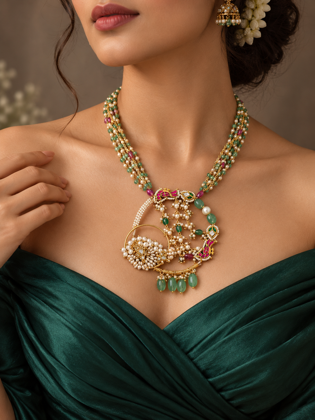 Emerald Moon Pearl Statement Jadau Necklace