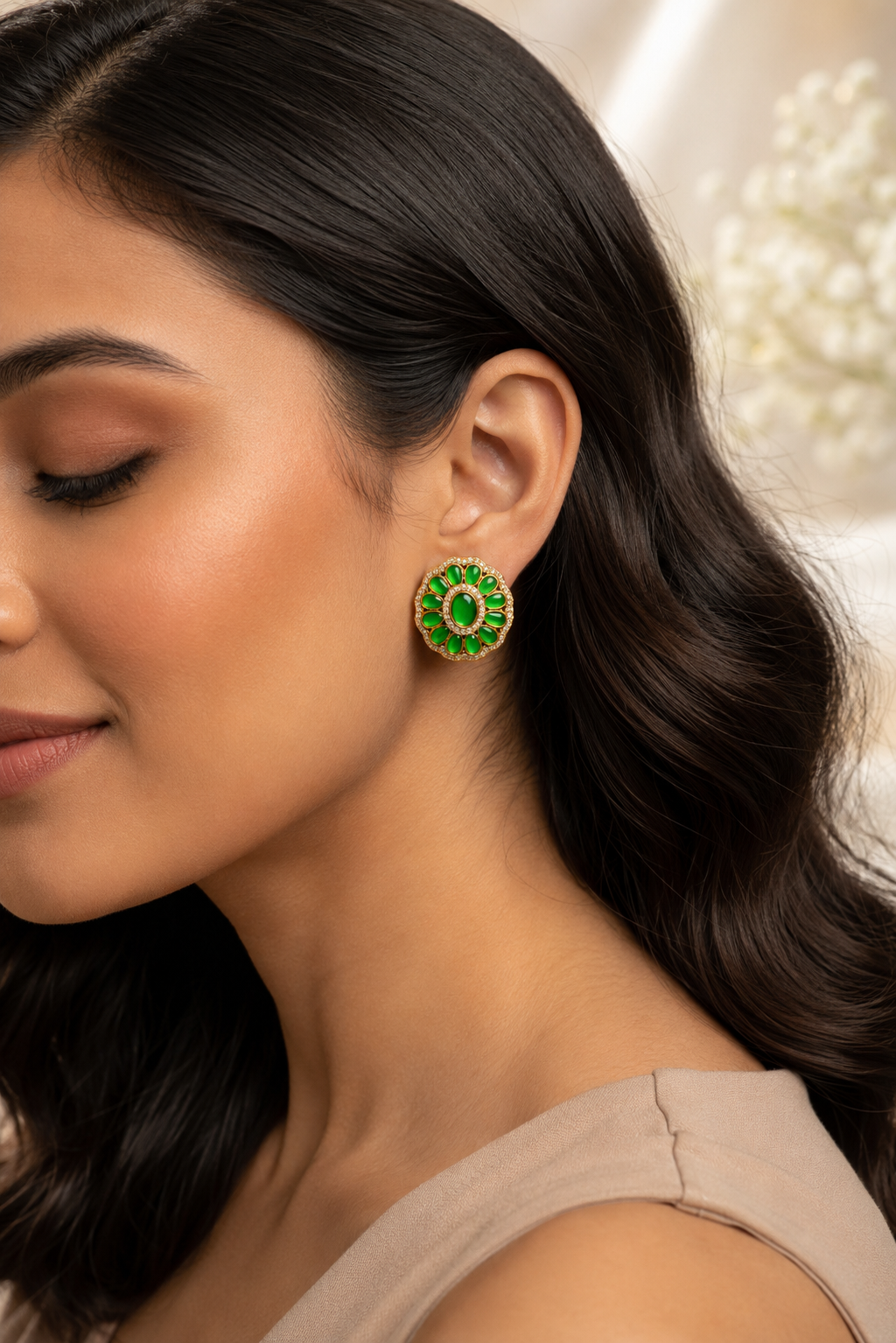 Green Aura Floral Stud Earrings