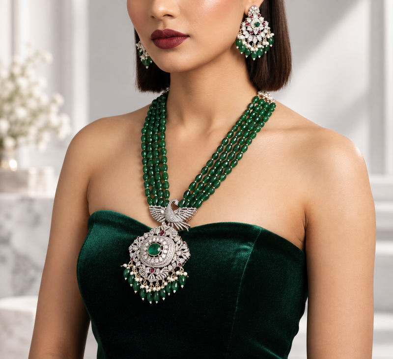 Emerald Peacock Motif Rani Haar Set