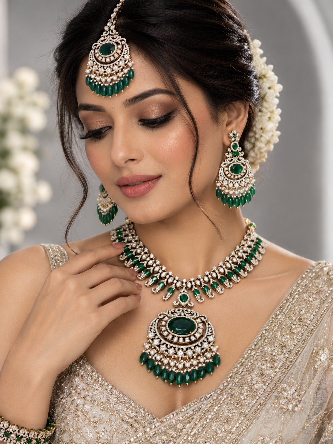 Emerald Maharani Bead Drop Necklace Set