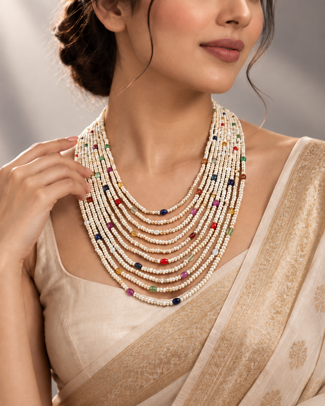 Navratna real beads and fresh water pearl Mala (Basra tone)