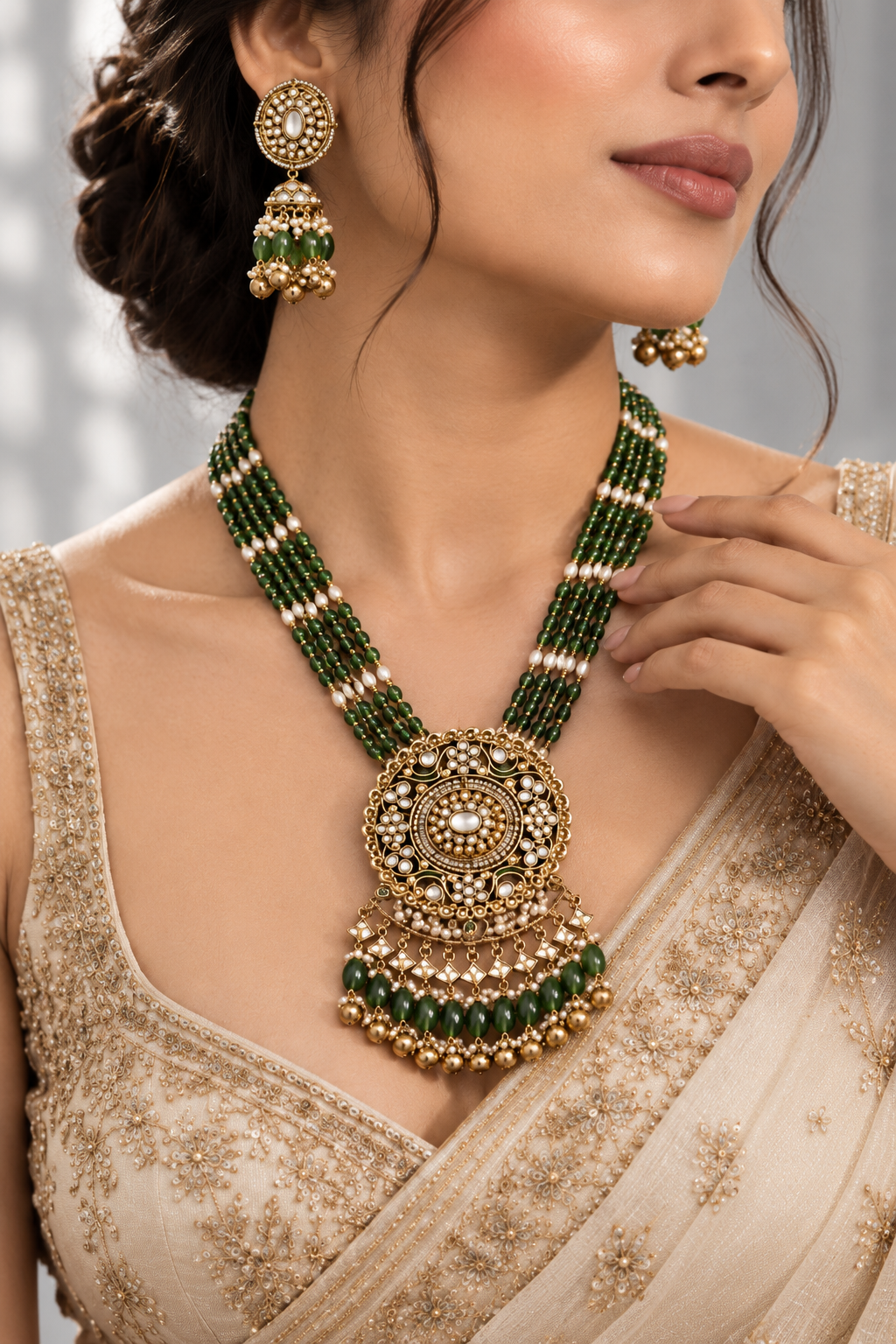 Jadau Polki long necklace with matching jhumka earrings