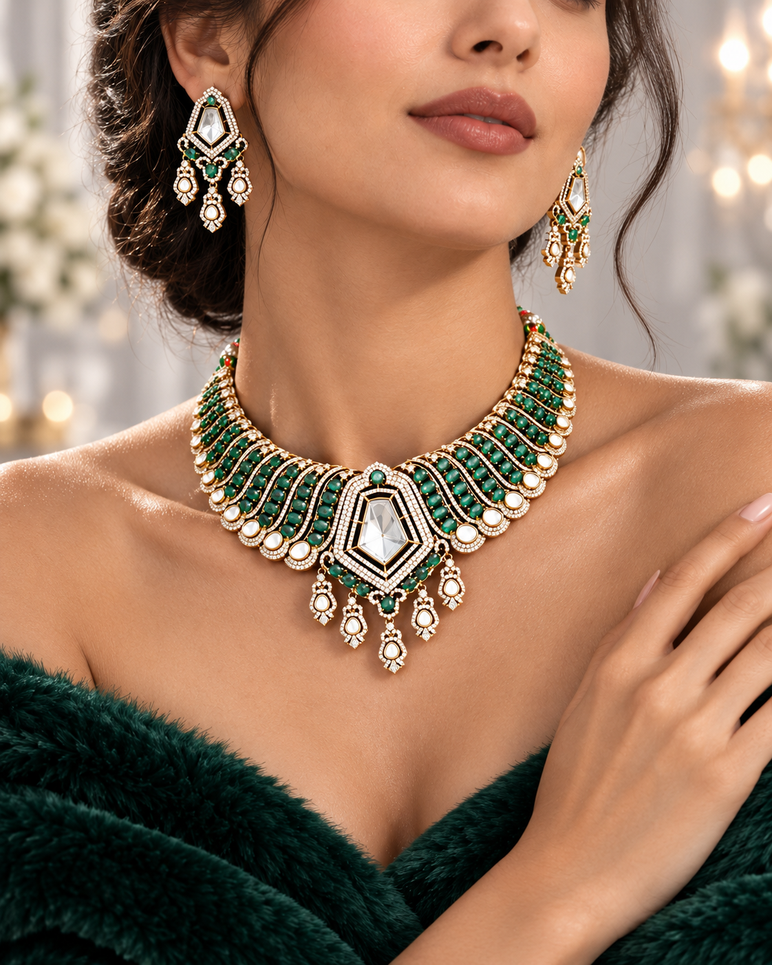 Victorian-style emerald green Kundan choker necklace with matching earrings