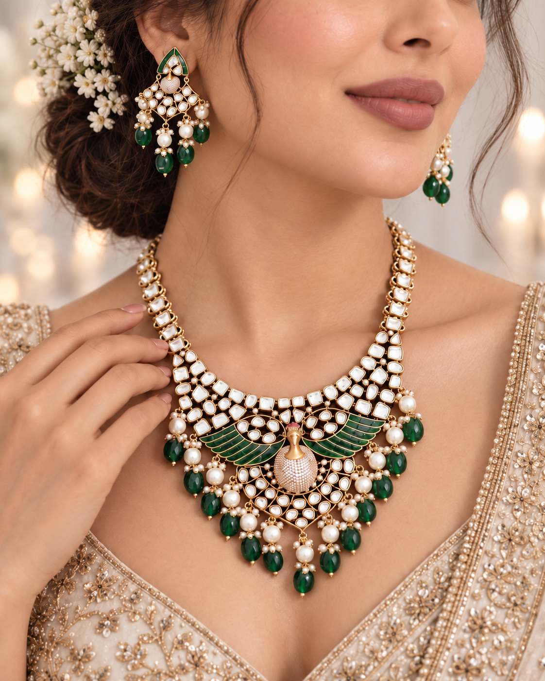 Mayura Emerald Kundan Necklace Set