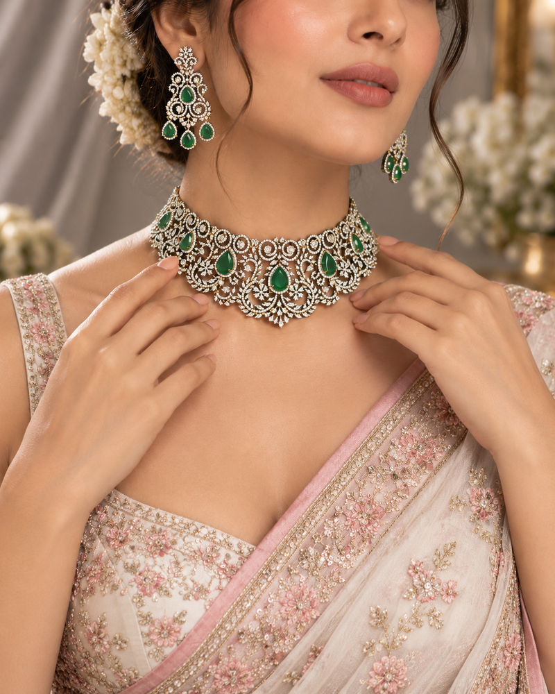Emerald Choker AD Diamond Necklace Set with Matching Earrings