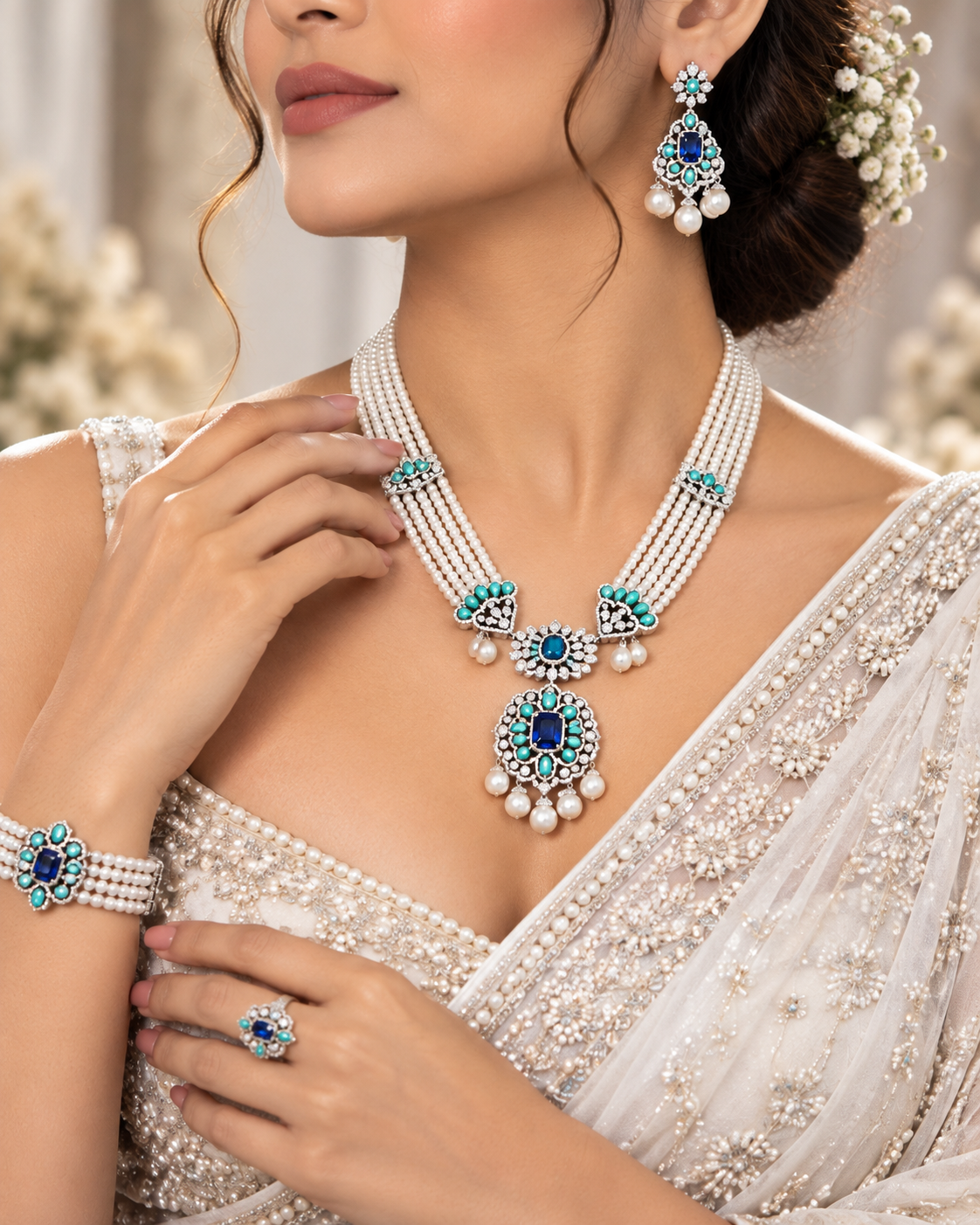 Multi-strand pearl necklace set with AD Diamond