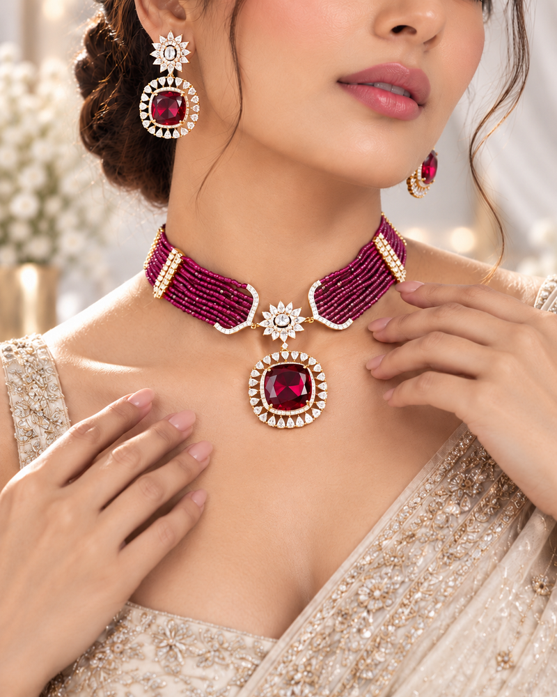 Ruby Blossom Beaded Choker Set