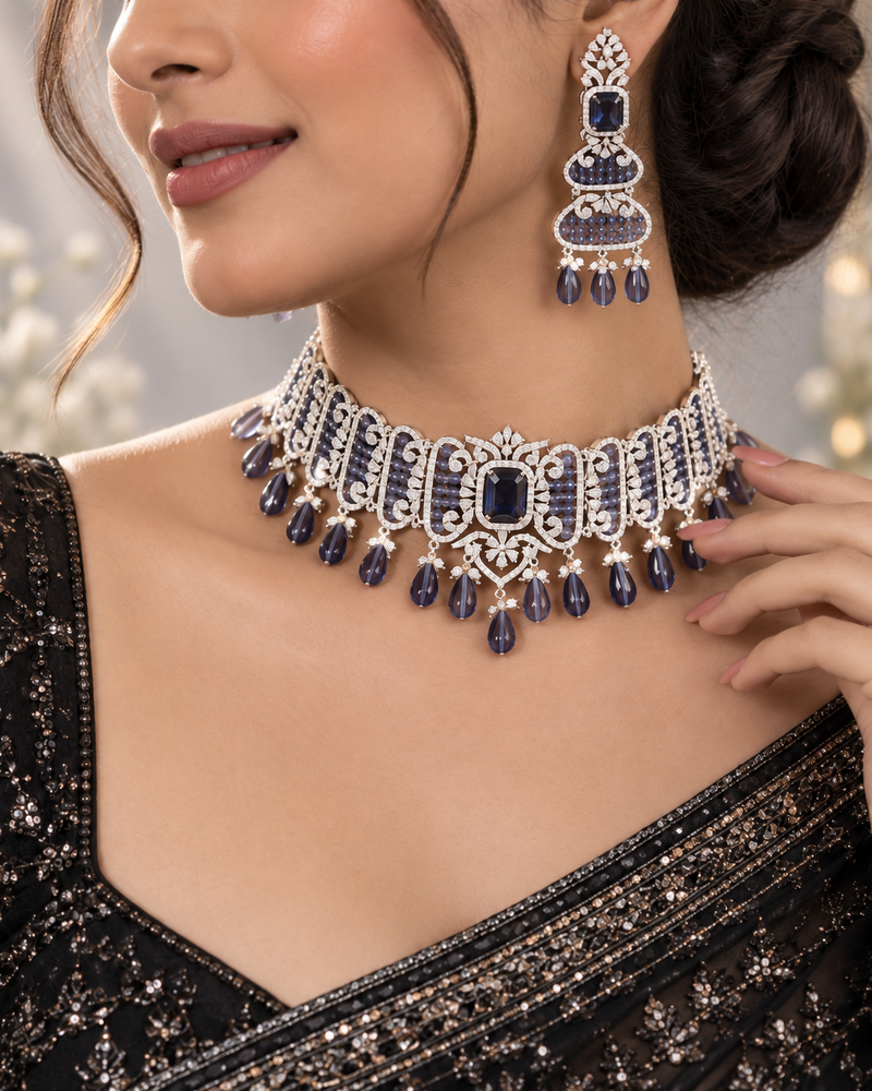 Royal Sapphire Cascade AD Diamond Choker Set