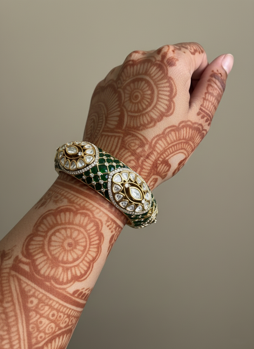 Royal Green Kundan & Meenakari Bridal Kada Bangles with AD Stone Detailing