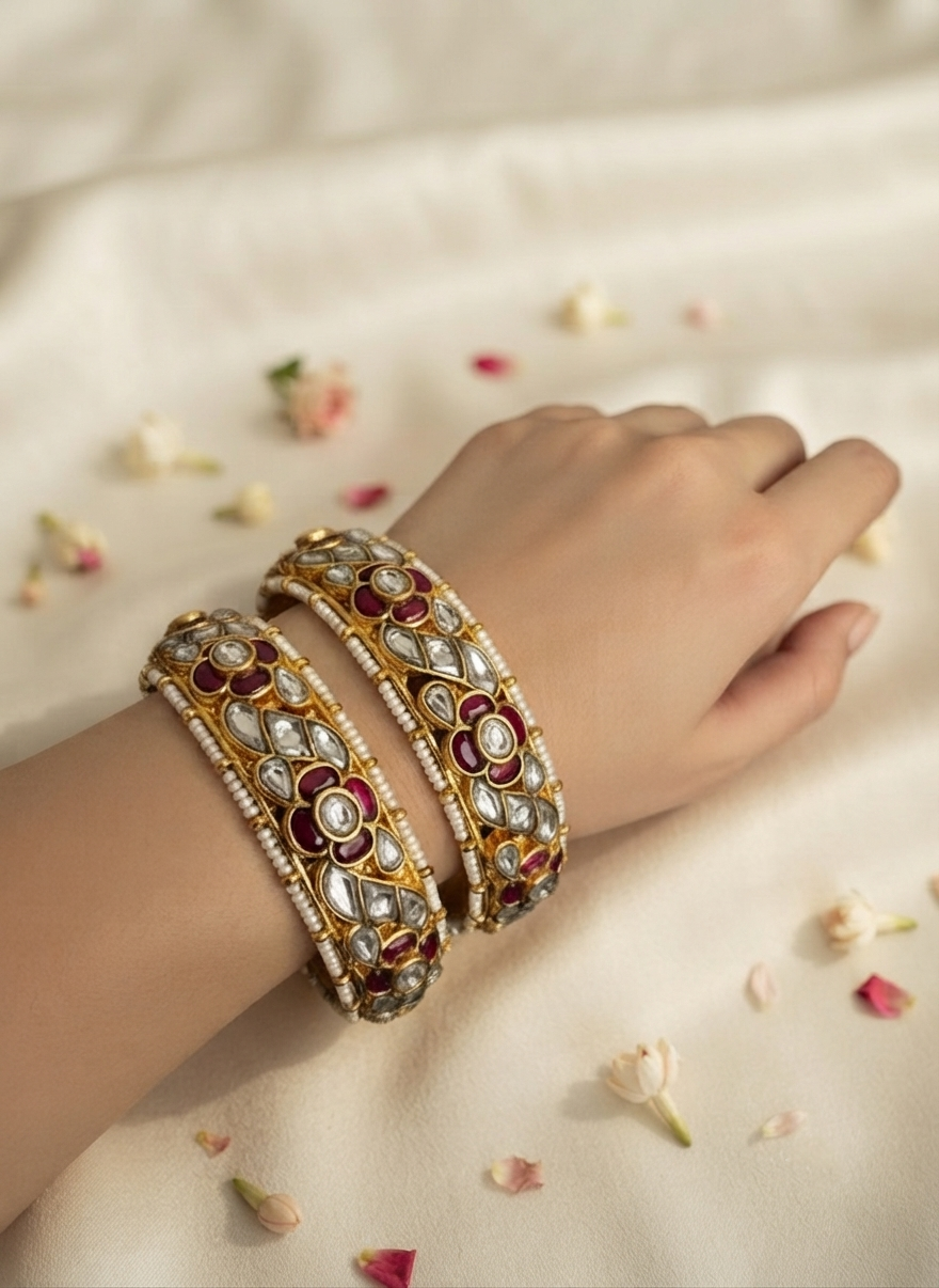Royal Ruby & Polki Floral Openable Bangles
