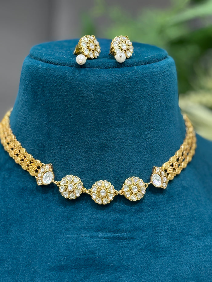 Floral Kundan Necklace Set with Pearl Drop Earrings