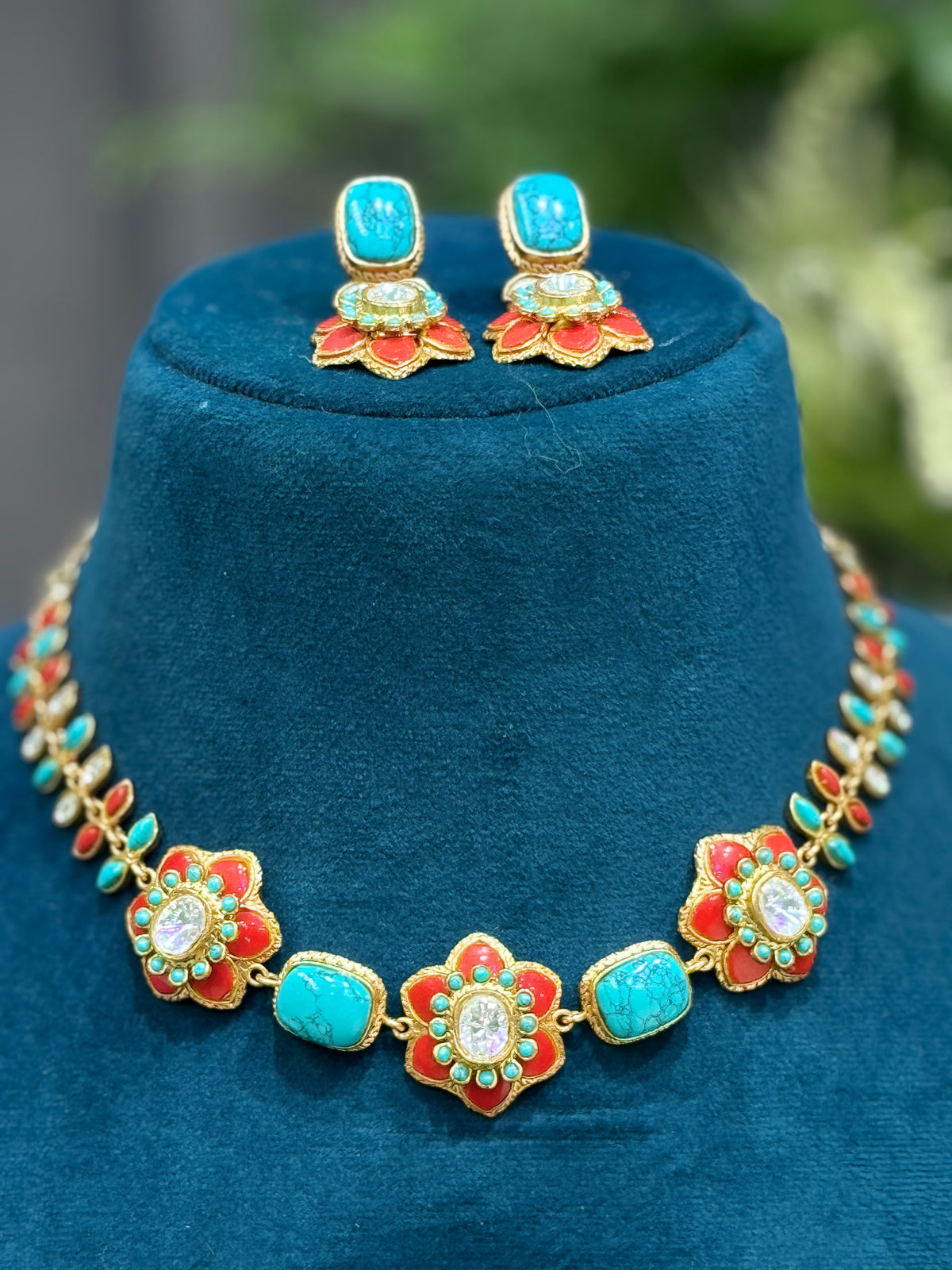 Multicolour Floral Kundan Necklace Set with Turquoise Earrings