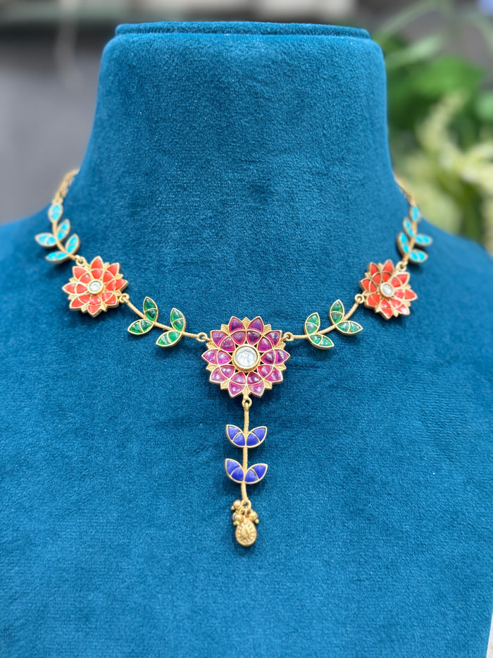 Multicolour Floral Kundan Necklace Set with Matching Drop Earrings