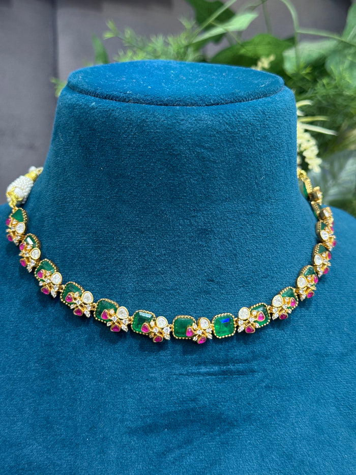 Emerald Green and Ruby Stone Necklace Set with Matching Stud Earrings