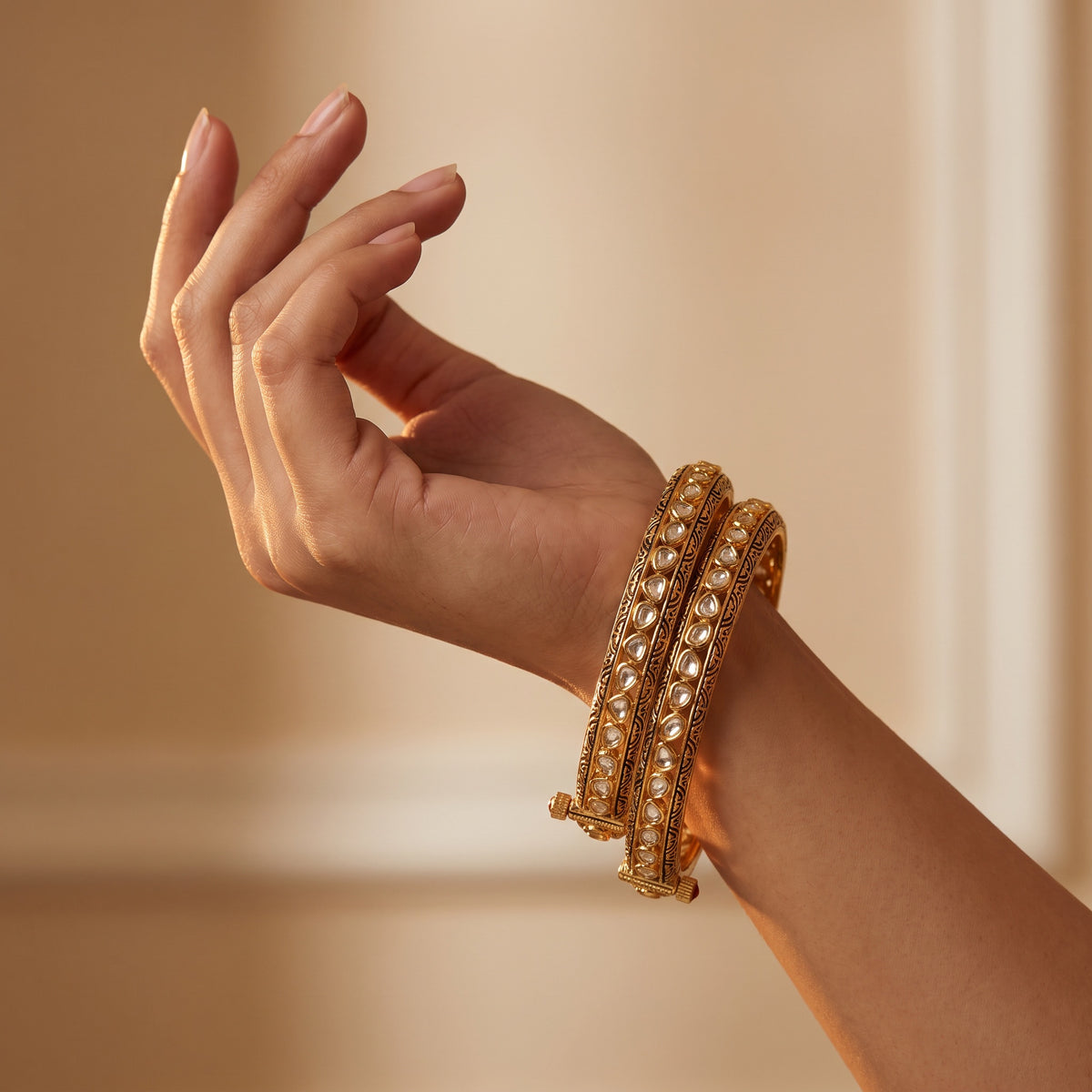 Classic Polki Kundan Antique Gold Bangles (Pair)