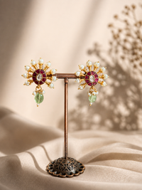 Royal Ruby Pearl & Green Stone Stud Earrings