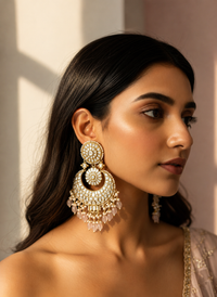 Jadau chandbali earrings with pearl and pink bead drops