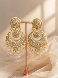 Jadau chandbali earrings with pearl and pink bead drops