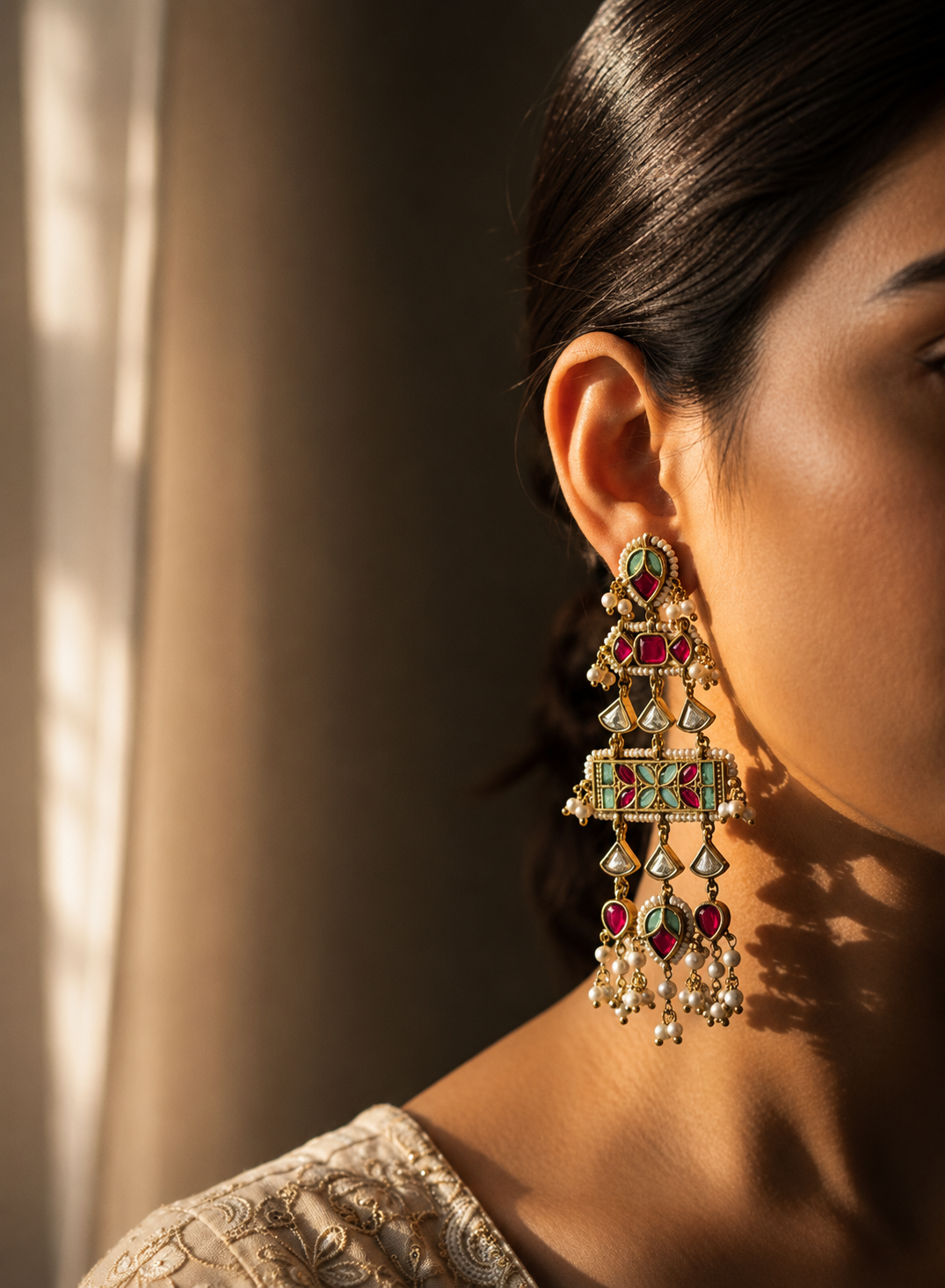 Emerald & Ruby Jadau Long Drop Earrings