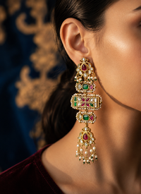 Jadau drop earrings with hanging pearls