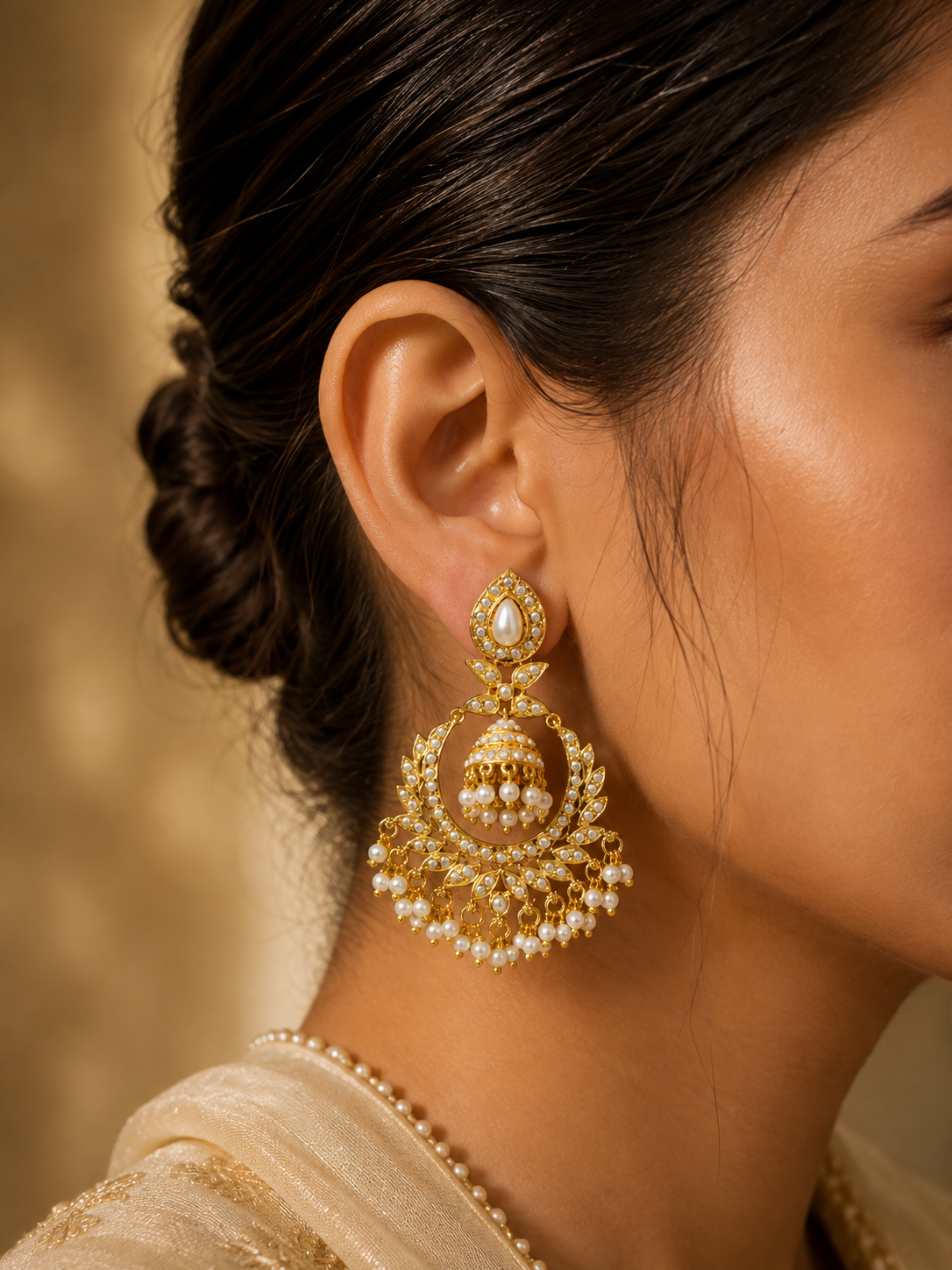 Royal Pearl Jhumka Chandbali Earrings