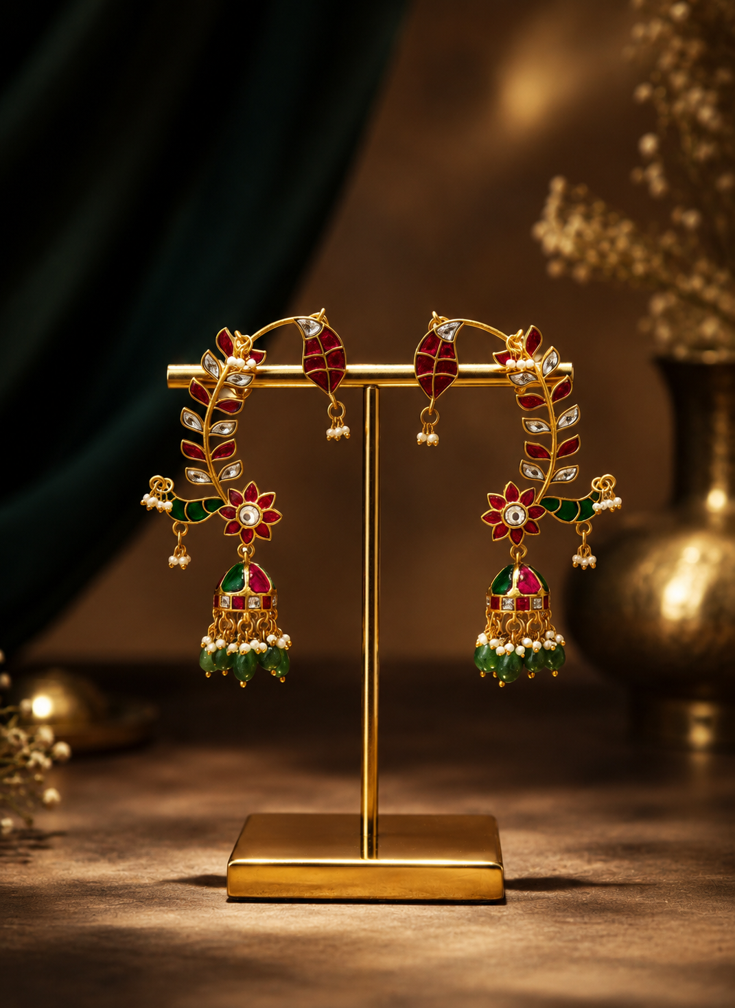 Jadau leaf motif ear cuff jhumka earrings