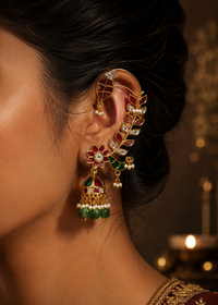 Jadau leaf motif ear cuff jhumka earrings