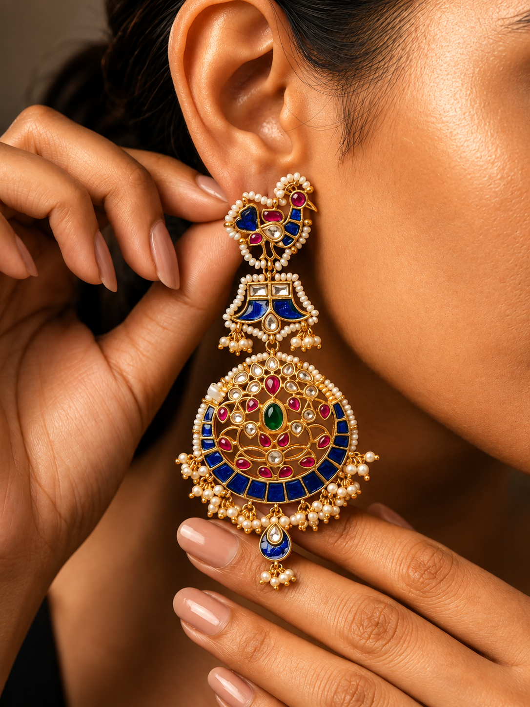 Royal Blue Meenakari jadau Chandbali Earrings